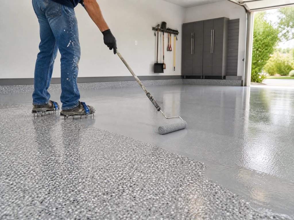 Contractor applying epoxy topcoat with a roller over decorative flake flooring in a Thousand Oaks garage