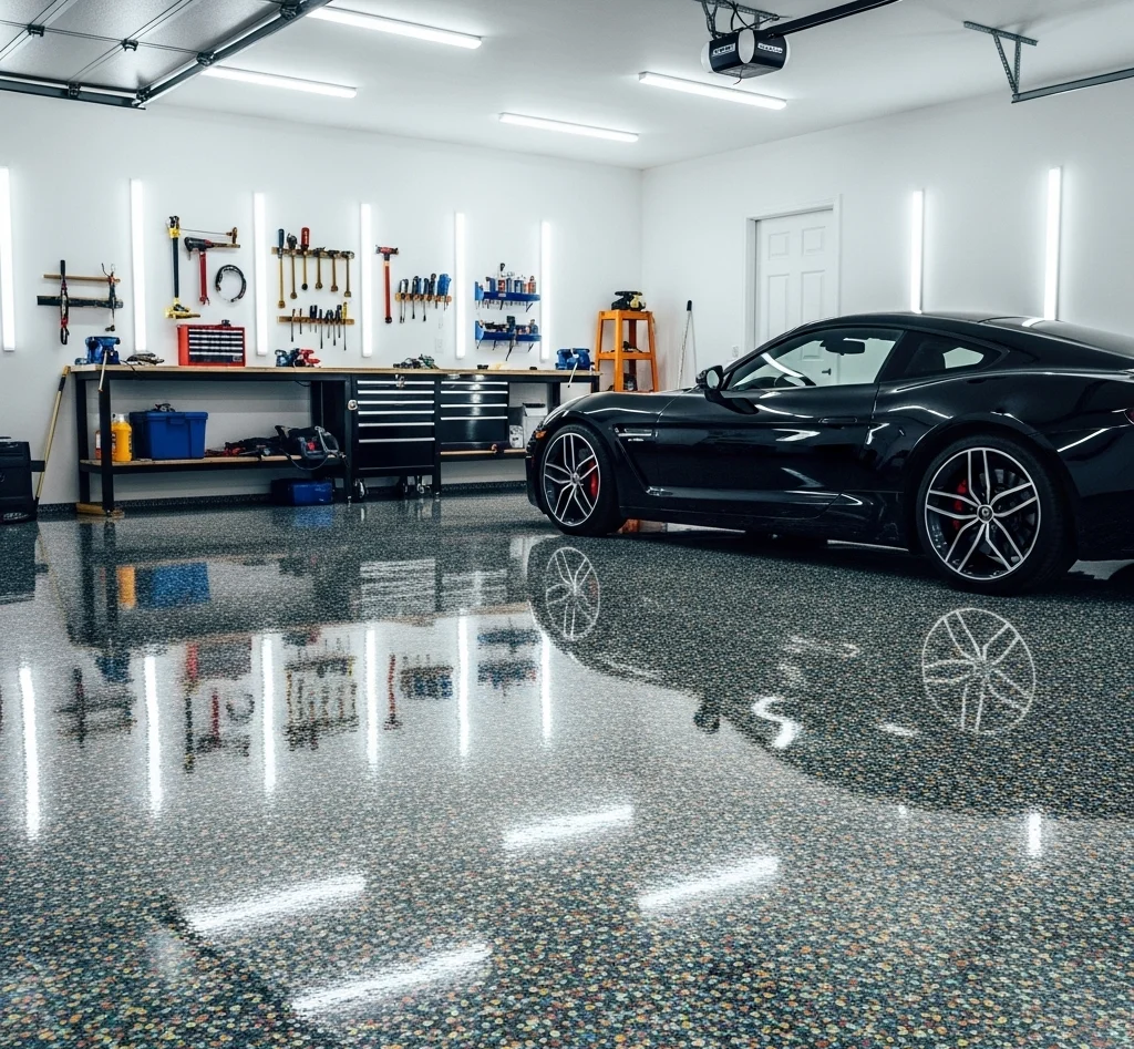 High-gloss polyurea garage floor coating with decorative flake finish in Thousand Oaks, CA